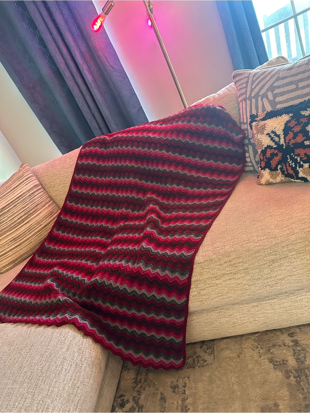 Chevron Knit Afghan Throw Blanket —Pink, Greys, Burgundy, & Brown